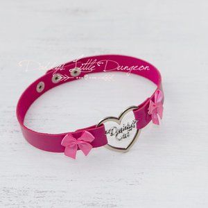 Hot Pink Daddy's Girl Charm Heart Day Collar Lolita Choker Satin Bows